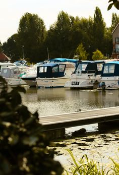 several boats are docked in the water near a dock and some houses on the other side