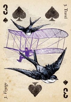 a playing card with two birds flying over it and an airplane in the sky above them