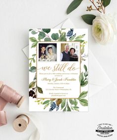 a wedding card with two photos on it