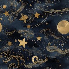 the night sky with stars, moon and crescents in gold on dark blue background