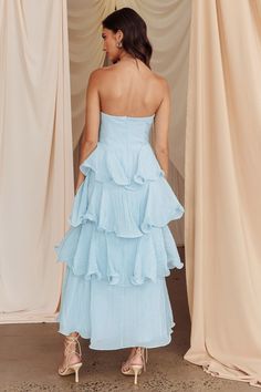 Giavana Strapless Layered Midi Dress Pale Blue Winter Formal Dresses Midi, Light Blue Midi Dress, Prom Inspo, Corset Boning, Girls Maxi Dresses, Wedding Plan, Pretty Princess, Strapless Corset, Winter Formal