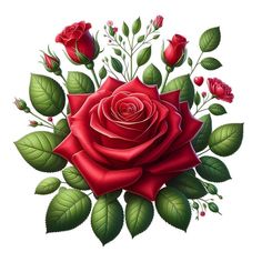 a red rose with green leaves on a white background