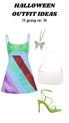 a woman's dress and purse with the text halloween outfit ideas 13 going on 30