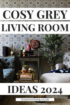 a living room with blue and white wallpaper on the walls, furniture and decor