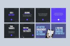 six square brochures with blue and black text on them, including the words'get better engagement on your instagram? '