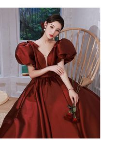 Features:Style: FormalMaterial: PolyesterSleeves: Puff SleevesNeckline: Deep V NeckPattern: BandageType: Elegant Party DressesSeason: Four Seasons Size Bust Waist Hips cm inch cm inch cm inch S 80 31 63 25 83 33 M 83 33 66 26 86 34 L 86 34 70 28 90 35 XL 90 35 73 29 93 37 2XL 93 37 76 30 96 38 3XL 96 38 80 31 100 39 Dress With Poofy Sleeves, Satin Long Prom Dress, Prom Dress Burgundy, Cinderella Princess, Princess Prom Dresses, Reception Gown, Gowns Dresses Elegant, A Line Evening Dress, Performance Dresses