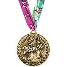 a gold medal with pink, green and blue ribbon around it's neck that says dance