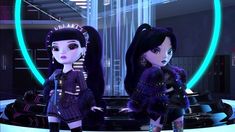 two dolls standing next to each other in front of a neon light ringed room