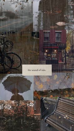 a collage of photos with rain, trees, buildings and a bench in the foreground