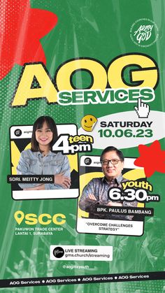 the flyer for an event with two people in front of green background and red stars