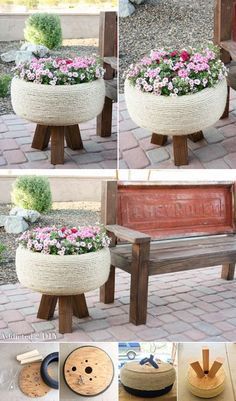 several pictures of different items made out of wood and rope, including a bench with flowers in it