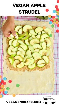 a person is making an apple tart with the words vegan apple strudel