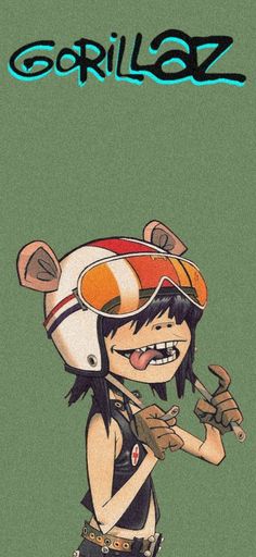 an image of a cartoon character wearing a helmet and holding something in one hand with the word gorillaz on it