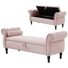 two pink chaise lounges sitting next to each other in front of a white background