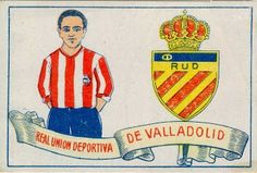 an old soccer card with a man in red and white striped shirt standing next to a crest