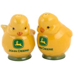 two yellow rubber ducks with john deere logo on the front and back, sitting next to each other