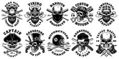 six skull emblems with different types of helmets and swords on them, all in black and white