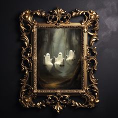 a painting of three white birds in a dark forest with gold frame on the wall