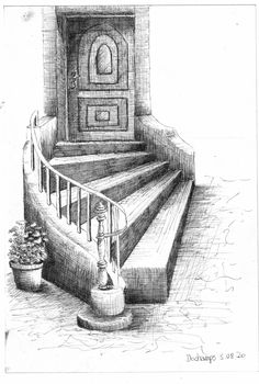 a pencil drawing of steps leading up to a door and potted plant on the ground