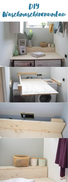 there are three pictures of the inside of a room with drawers and desks in it