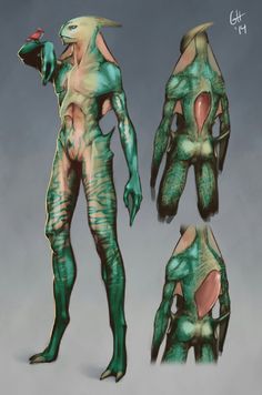 an image of a green alien character with multiple angles and body parts in various poses