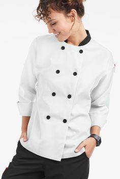 Enjoy the protection of long sleeves with the comfort of short sleeves all in one coat with this women's 3/4 sleeve chef coat. This lightweight double breasted chef jacket offers a tailored fit and a durable plastic button closure. It also has an executive two piece back with center back vent and a thermometer pocket on the left sleeve. Easy care, lightweight fabric is 65/35 Poly/Cotton Poplin. • Tailored fit • Stand collar • Double breasted • Durable Button Closure • Thermometer Sleeve Pocket • Women's Chef Jacket, Chef Uniforms, Chef Jackets, Chef Uniform, Female Chef, Chef Coat, Womens Tunics, Gmail Com, Covered Buttons