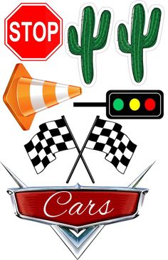 an image of car stickers on the back of a truck or suv with cactus, stop sign and flags