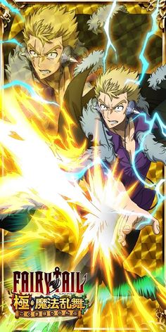 the anime character fairy tail is in front of an image of two men with lightnings