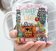 a woman holding a coffee mug with words on it