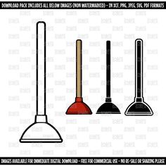 three different types of brooms and mop heads in black, white, and red