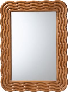 a wooden frame mirror with wavy lines on it