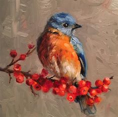 a painting of a bird on a branch with berries