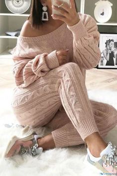 10 Sweater Two Piece Set, Purple Fashion Casual, Mode Rose, Twist Pattern, Winter Pullover, Khaki Fashion, Chic Sweaters, Long Sleeve Knit Sweaters, Elastic Waist Pants