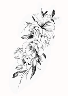 a black and white drawing of flowers on a white background