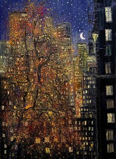 a painting of a tree in the middle of a city at night with lights on