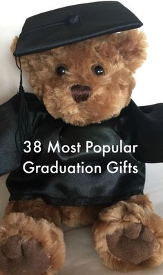 a teddy bear wearing a graduation cap and gown with the words, 3 most popular graduation gifts