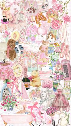 a collage of pink and white pictures with teddy bears, flowers, and other items