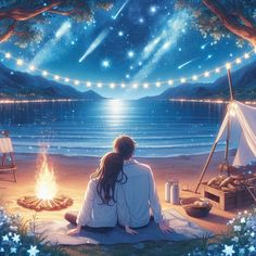 two people sitting on the ground near a campfire under a night sky filled with stars