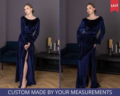 two pictures of a woman in a blue dress with the words custom made by your measurements