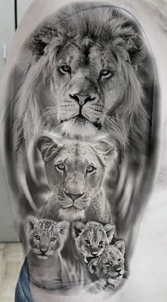 a man's arm with an image of lions and cubs on it, in black and white