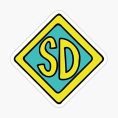 a blue and yellow sticker with the letter s d in it's center