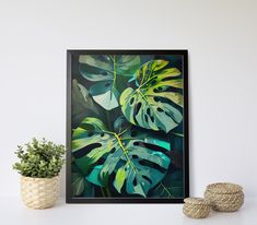 a painting on the wall next to two potted plants and a wicker basket