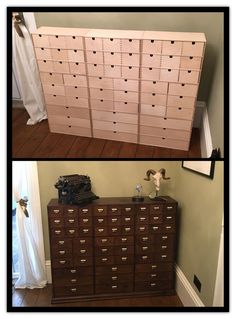 two pictures side by side one with drawers and the other has an open file cabinet