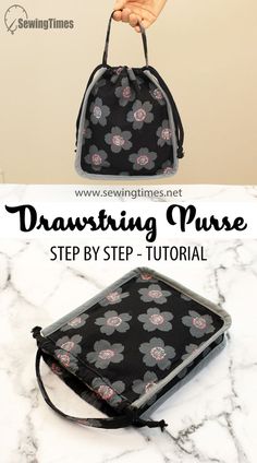 a hand holding a black and white bag with pink flowers on it that says drawing purse step by step