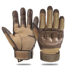 a pair of gloves that are on top of each other, one has a brown glove and the other is tan