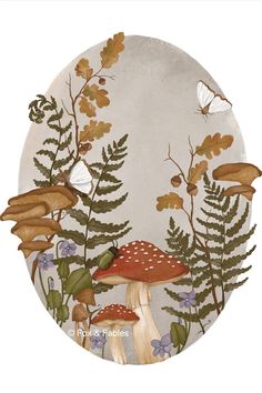 a painting of mushrooms and leaves on a white background