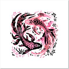 a drawing of a koi fish in pink and black