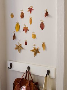 a bag hanging on the wall next to a coat rack with autumn leaves attached to it