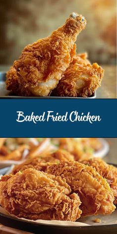 fried chicken on a plate with the words baked fried chicken