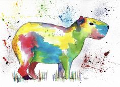 a painting of a colorful lamb standing in the grass with paint splatters all over it